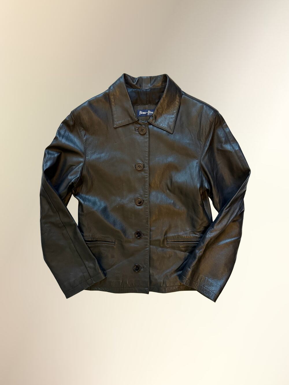 Vintage Bisou Bisou Black Genuine Leather Collared Button Jacket Women's M